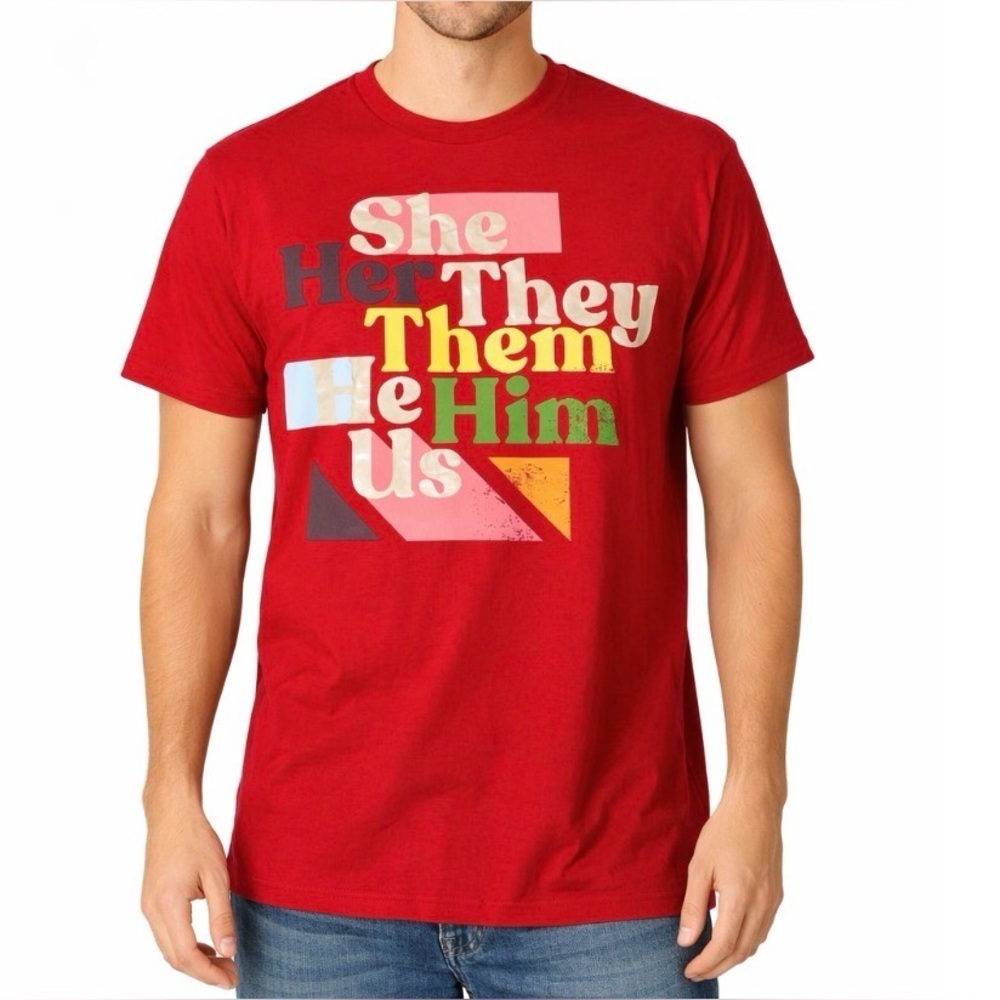 Men’s gay pride Tee T-shirt XL LGBTQ Pride month red “She her They Them He Him*